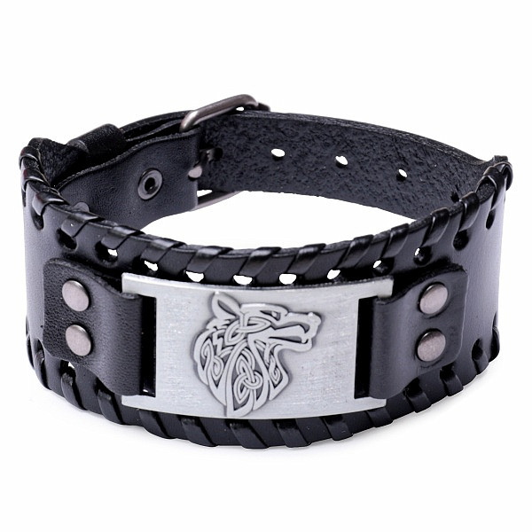 Pánský široký kožený náramek s vlkem - obvod cca 18 až 23 cm