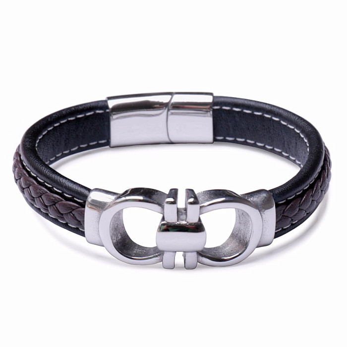 Levně Náramek pánský kožený černý nerez ocel - obvod cca 22 cm