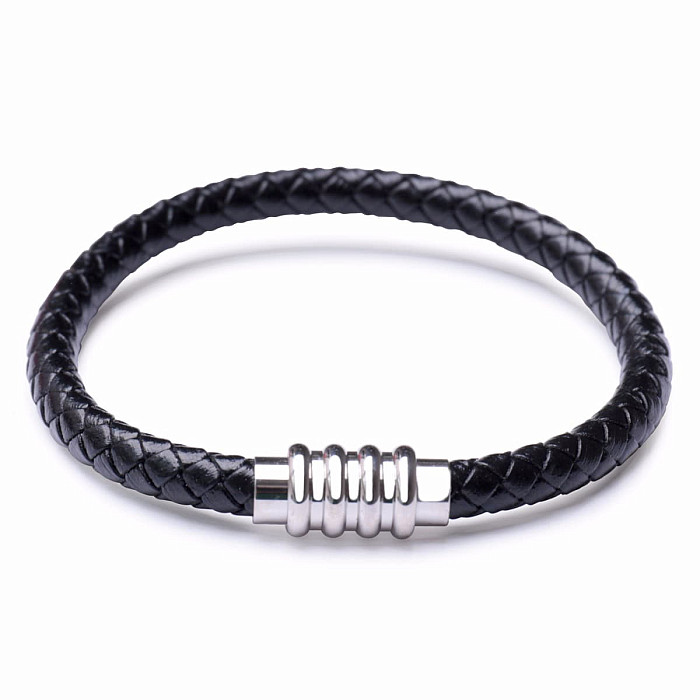 Levně Pánský fashion černý kožený náramek nerez ocel varianta 3 - obvod cca 20 cm