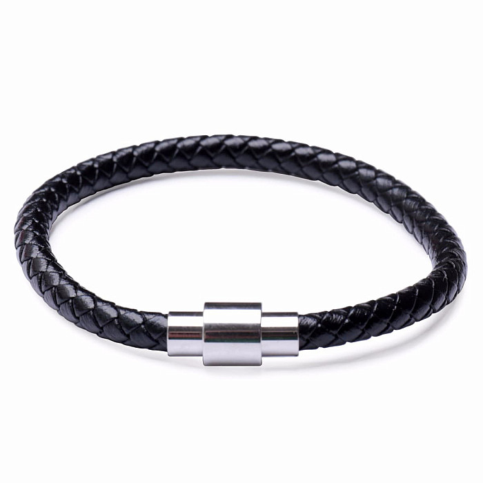 Levně Pánský fashion černý kožený náramek nerez ocel varianta 5 - obvod cca 20 cm