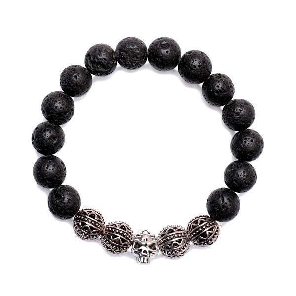 Levně Lávový kámen náramek v tibetském stylu s lebkou - obvod cca 16 až 22 cm