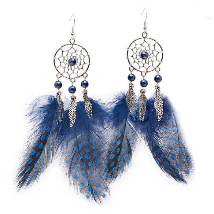 Levně Lapis lazuli náušnice Lapač snů s peříčky - délka cca 16 až 18 cm