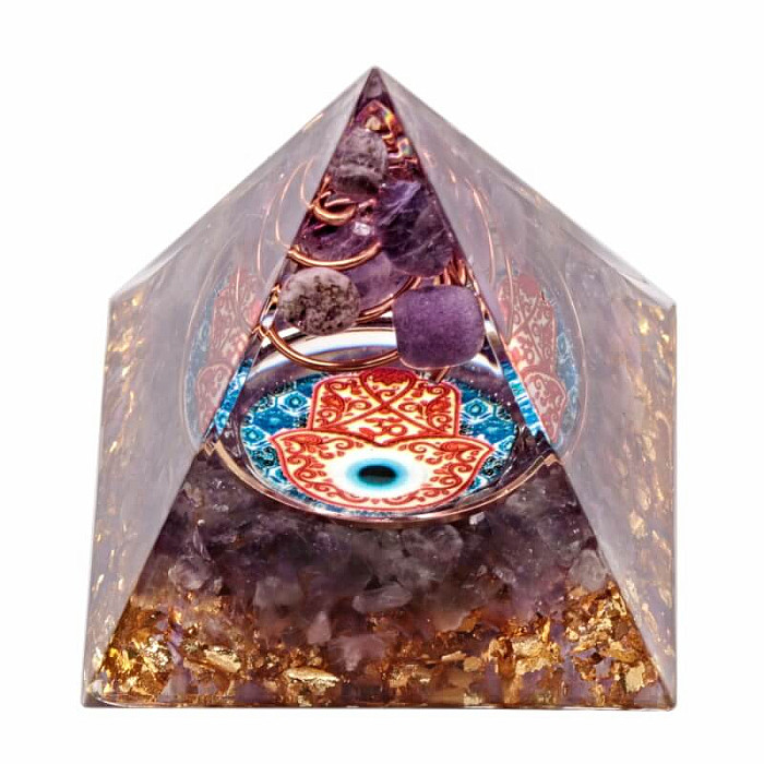 Levně Orgonit pyramida Hamsa s ametystem - 5 x 5 x 5,5 cm