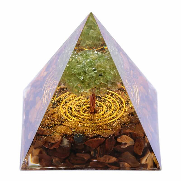 Orgonit pyramida Strom života z olivínu se spirálou - 6 x 6 x 6,6 cm