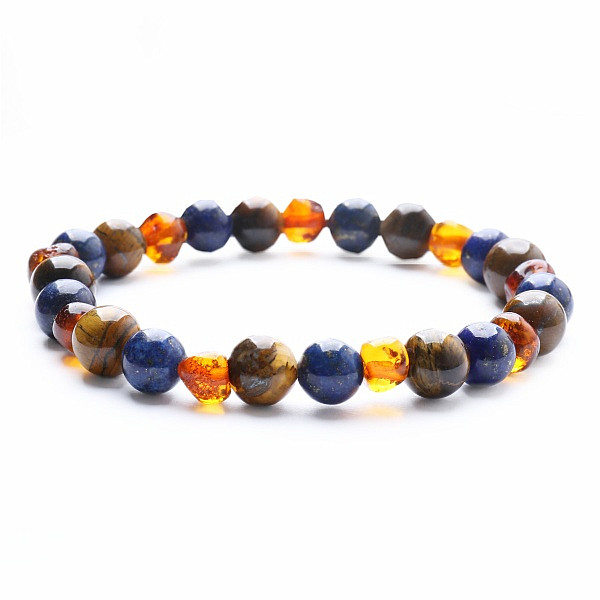 Jantarový náramek v barvě koňaku s lapis lazuli a tygřím okem - obvod cca 16 až 22 cm