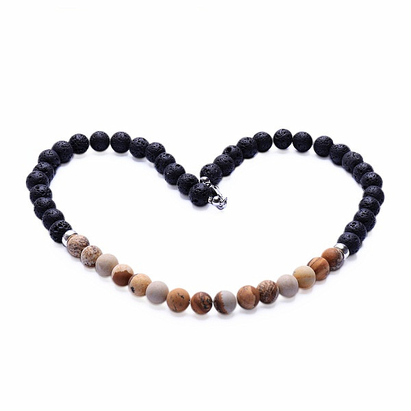 Lávový kámen náhrdelník s obrázkovým jaspisem - délka cca 45 cm