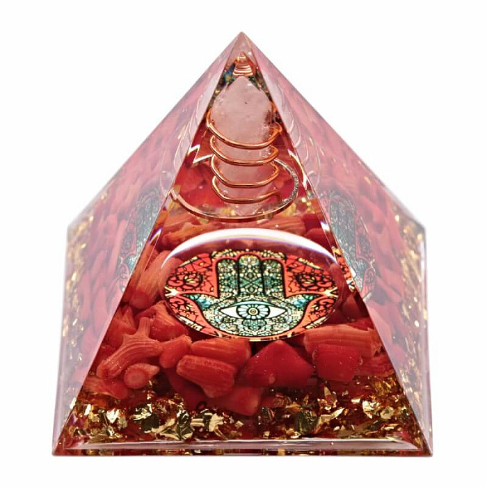 Levně Orgonit pyramida Hamsa s krystalem křišťálu - 6 x 6 x 6,2 cm