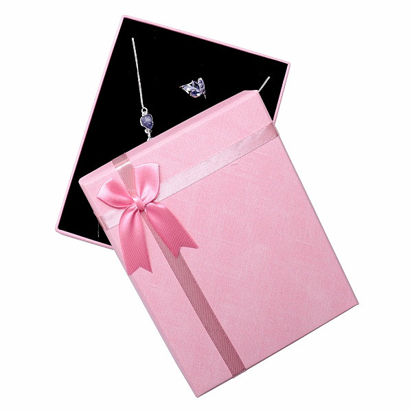 Levně Papírová růžová dárková krabička s mašlí na sady šperků 12,5 x 16 cm - 16 x 12,5 x 3,6 cm