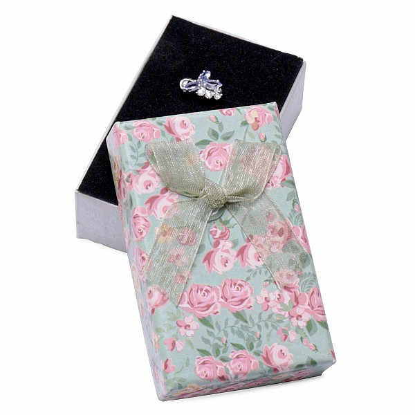 Levně Papírová dárková krabička květinová zelená na prsteny a náušnice 8 x 5 cm - 8 x 5 x 2,6 cm