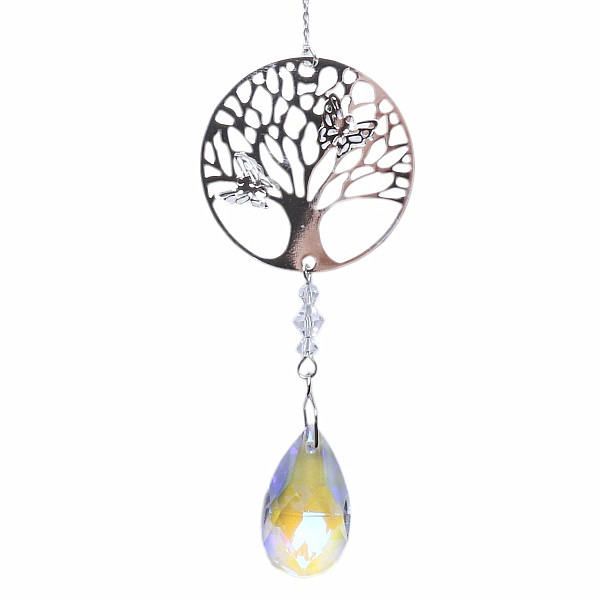 Strom života Feng Shui závěs do okna z kovu a duhového křišťálu - cca 30 cm žlutá