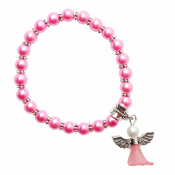 Levně Dětský náramek z růžových skleněných perliček s andělíčkem - obvod cca 14 cm
