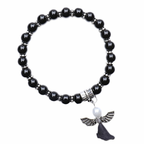 Levně Dětský náramek z černých skleněných perliček s andělíčkem - obvod cca 14 cm