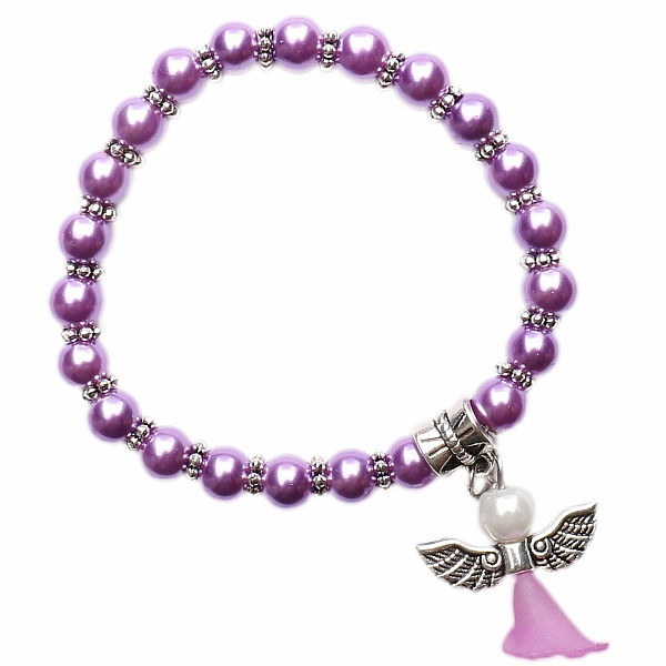 Levně Dětský náramek z fialových skleněných perliček s andělíčkem - obvod cca 14 cm