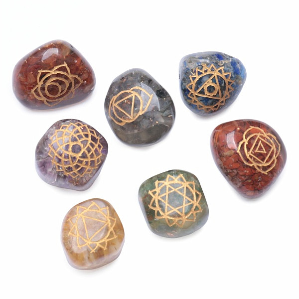 Čakrová sada orgonitových kamenů se symboly čaker - 7 x cca 2,5 cm