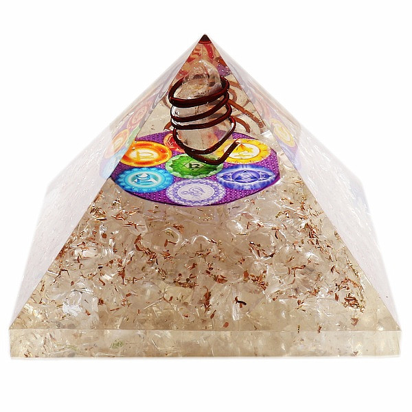 Levně Orgonit pyramida extra velká s křišťálem a symbolem čaker - cca 7x7 cm