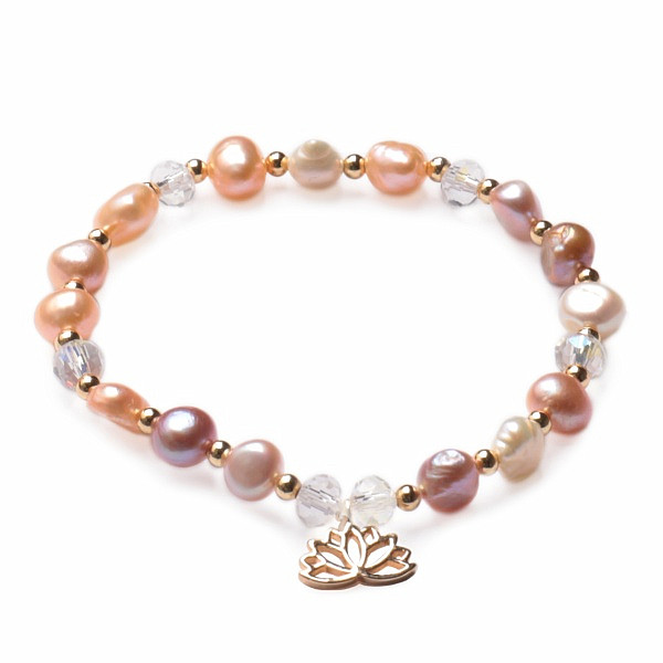 Třpytivý náramek z barevných perel a skleněných Aura korálků s lotosovým květem - obvod cca 16 až 21 cm