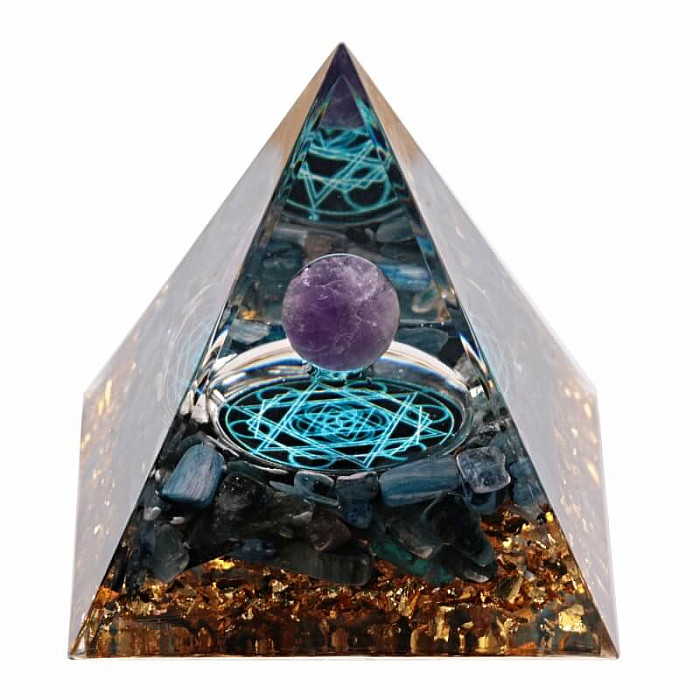 Orgonit pyramida s lapisem lazuli a kuličkou ametystu - 5 x 5 x 5,2 cm