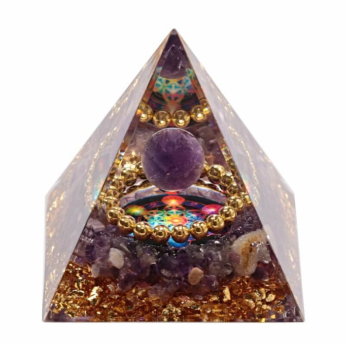 Orgonit pyramida s ametystem a barvami čaker - 5 x 5 x 5,2 cm