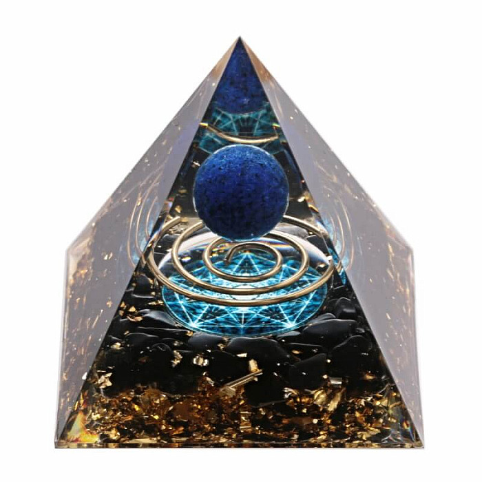 Orgonit pyramida s obsidiánem a lapis lazuli Pentagram - 6 x 6 x 6,2 cm
