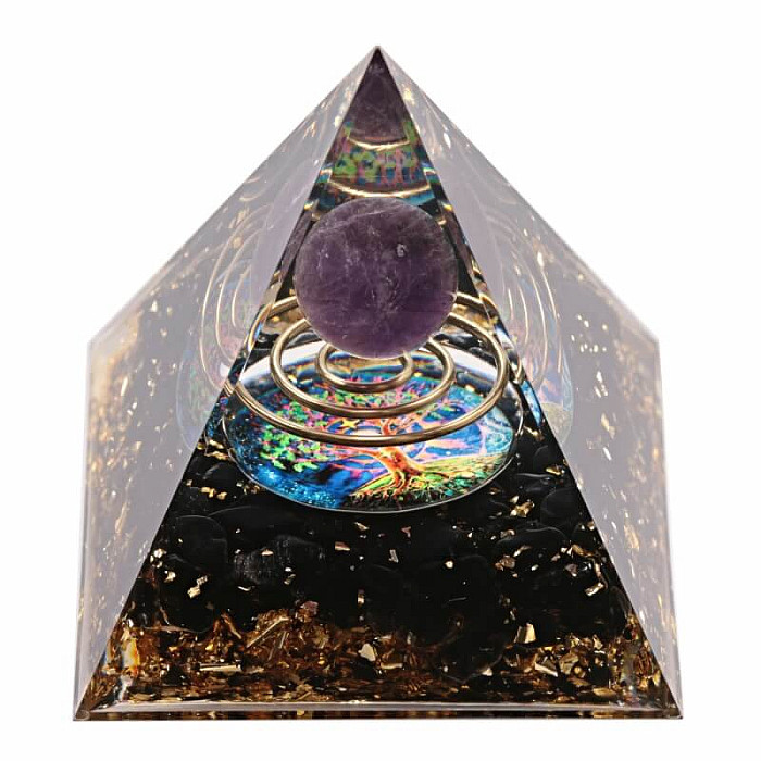 Orgonit pyramida s obsidiánem a ametystem - 6 x 6 x 6,2 cm