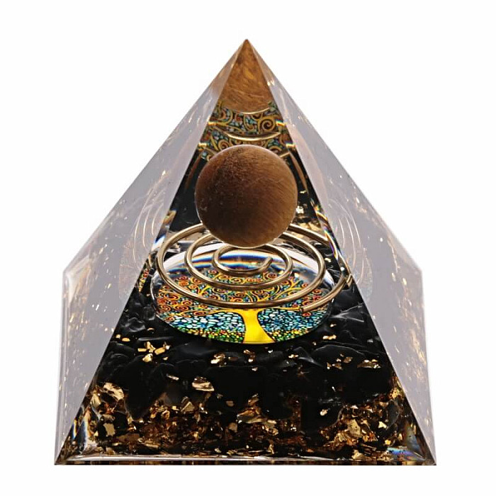 Orgonit pyramida s obsidiánem a tygřím okem - 6 x 6 x 6,2 cm