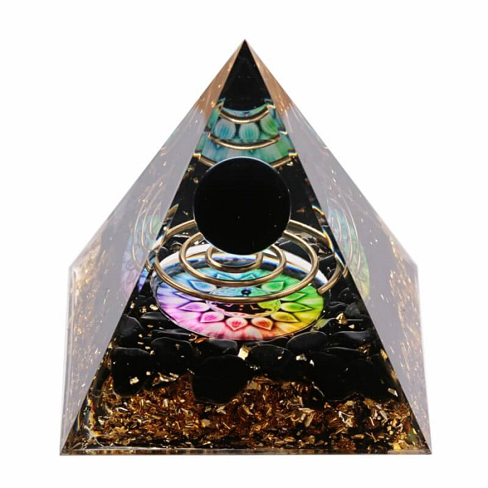 Orgonit pyramida s kousky a kuličkou z obsidiánu - 6 x 6 x 6,2 cm