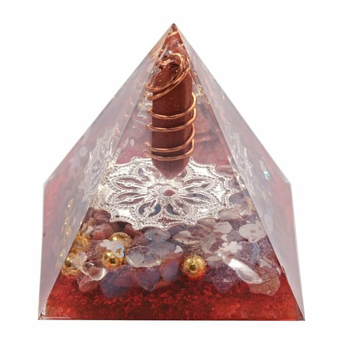 Orgonit pyramida s červeným jaspisem s krystalem - 6 x 6 x 6,2 cm