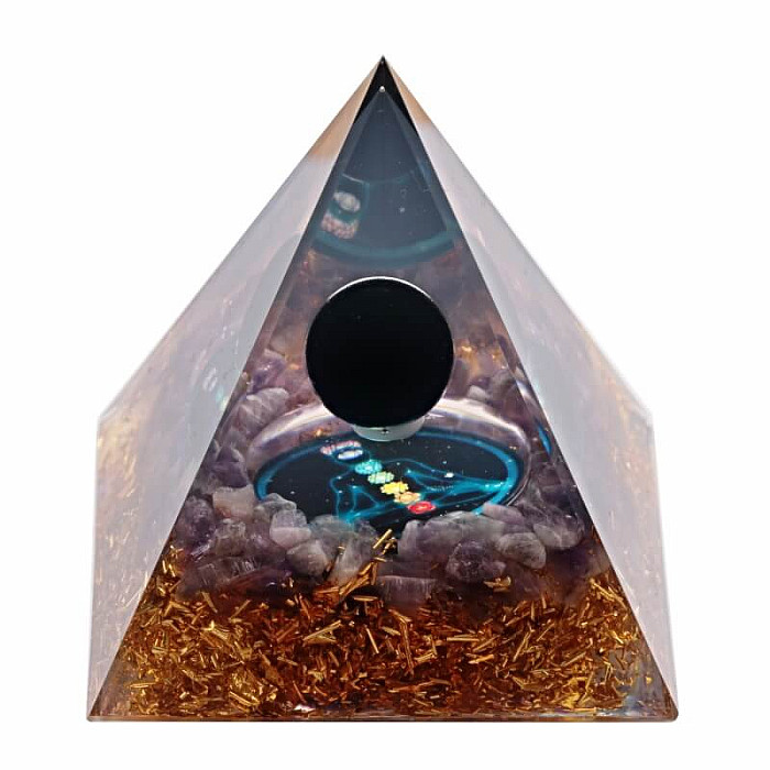 Orgonit pyramida s ametystem a kuličkou obsidiánu - 6 x 6 x 6,2 cm