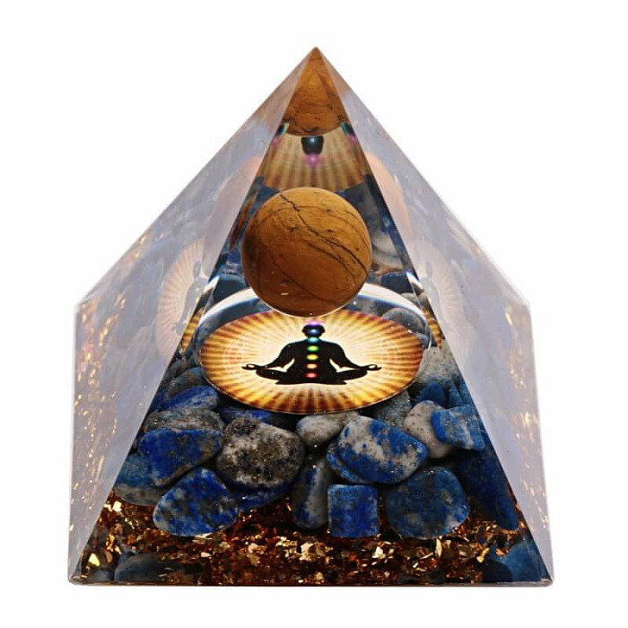Orgonit pyramida s lapisem lazuli a kuličkou tygřího oka - 6 x 6 x 6,2 cm