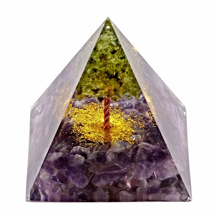Orgonit pyramida Strom života z olivínu v ametystu - 6 x 6 x 6,6 cm