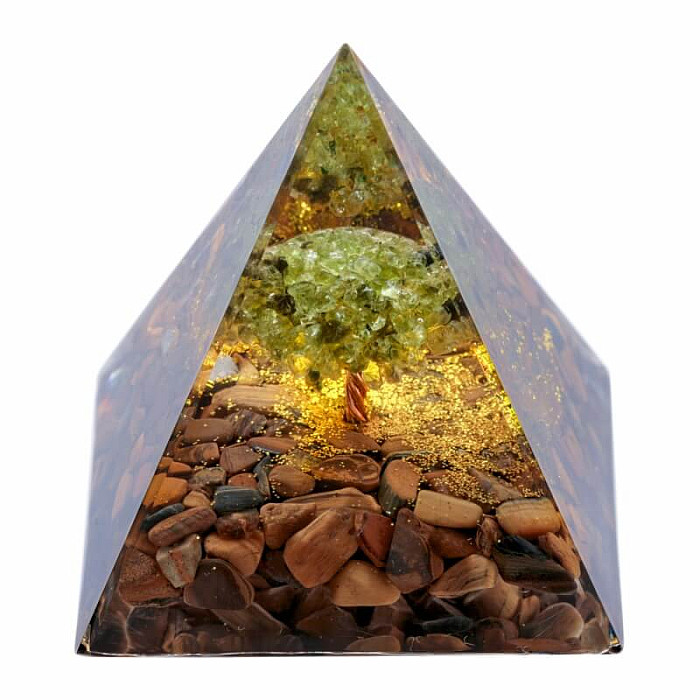 Levně Orgonit pyramida s tygřím okem Strom života z olivínu - 6 x 6 x 6,6 cm