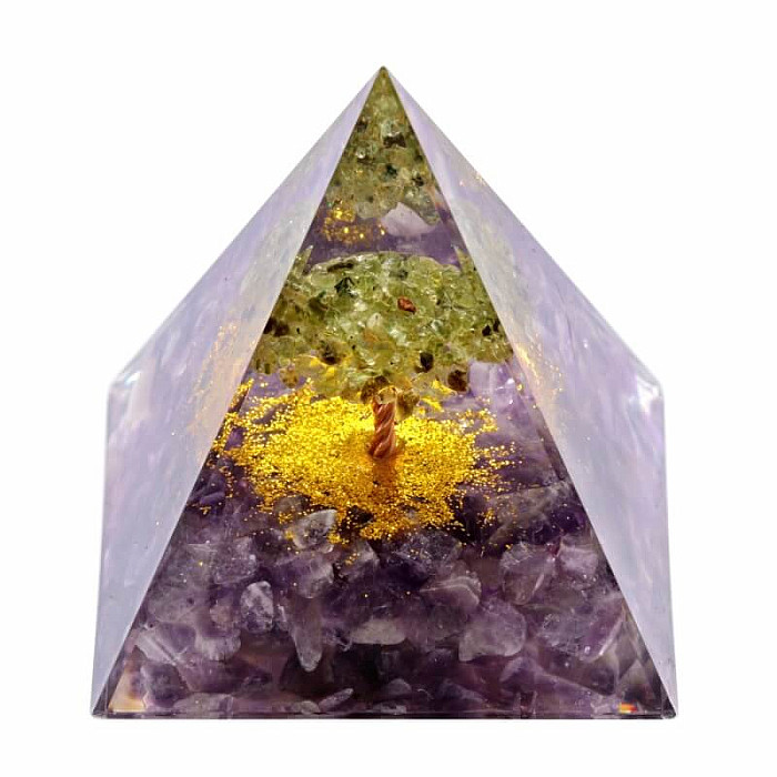 Orgonit pyramida s ametystem Strom života z olivínu - 6 x 6 x 6,6 cm