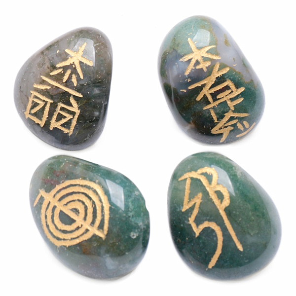 Levně Reiki sada z mechového achátu se symboly Usui Reiki - cca 2 až 2,8 cm
