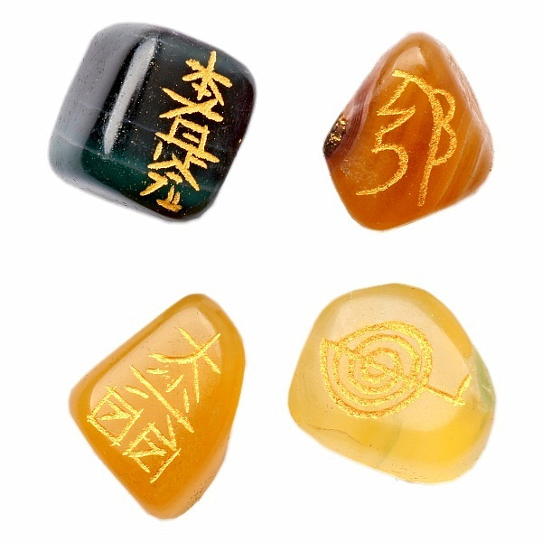 Reiki sada kamenů fluorit se symboly Reiki - 4x cca 2,5 cm