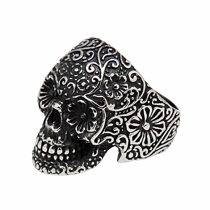 Pánský ocelový prsten Květinová calavera - 54 mm