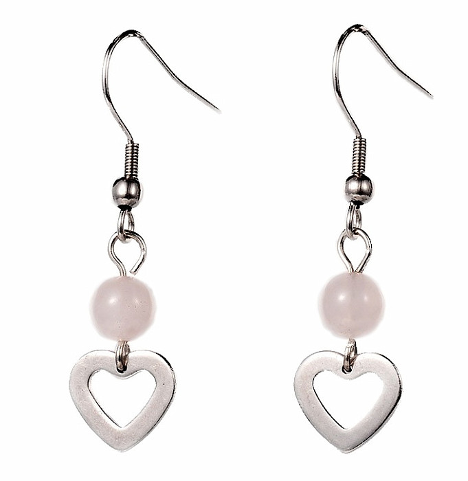 Růženín náušnice nerezová ocel s korálky a srdíčky - délka cca 4 cm