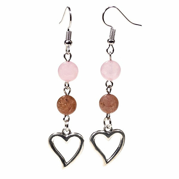 Růženín a jahodový křišťál náušnice se srdíčky - cca 6,5 cm