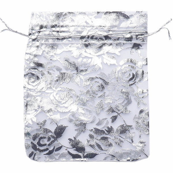 Levně Dárkový sáček organza 10 x 12 cm stříbrný s růžičkami - 10 x 12 cm