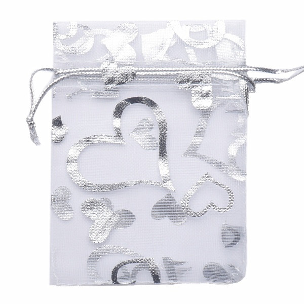 Dárkový sáček organza 7 x 9 cm stříbrný se srdíčky - 7 x 9 cm