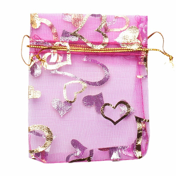 Dárkový sáček organza 7 x 9 cm tmavě růžový se srdíčky - 7 x 9 cm