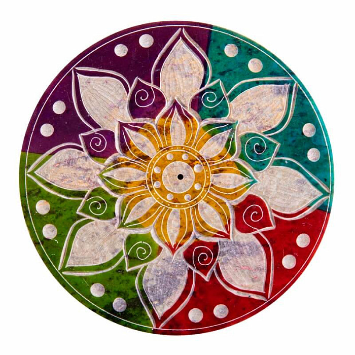 Stojánek z mastku na vonné tyčinky Květinová mandala - 12,7 cm