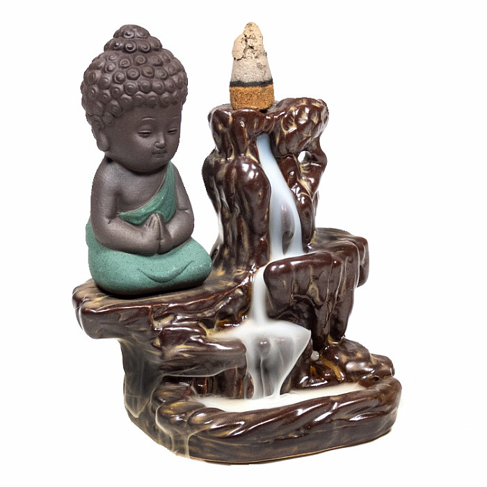 Stojánek pro vonné kužely s tekoucím kouřem malý Buddha - cca 12 cm