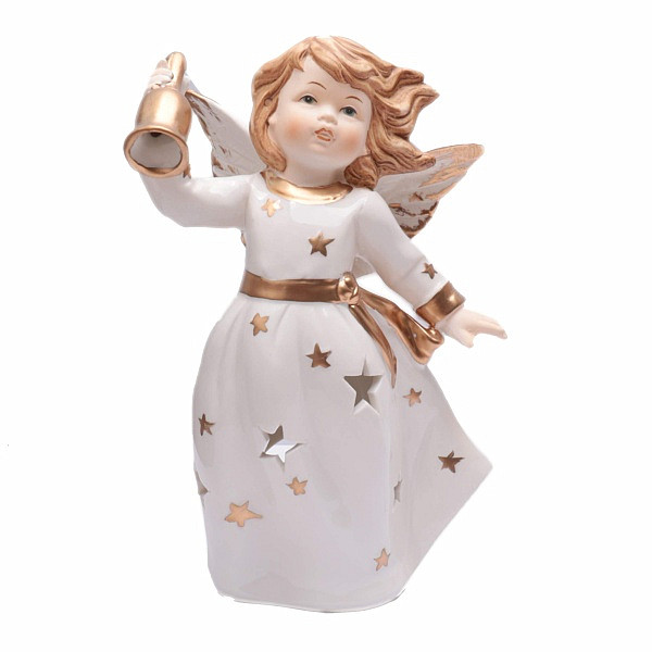 Levně Svícen porcelánový na čajové svíčky Anděl bílý se zvonečkem 22 cm - výška cca 22 cm