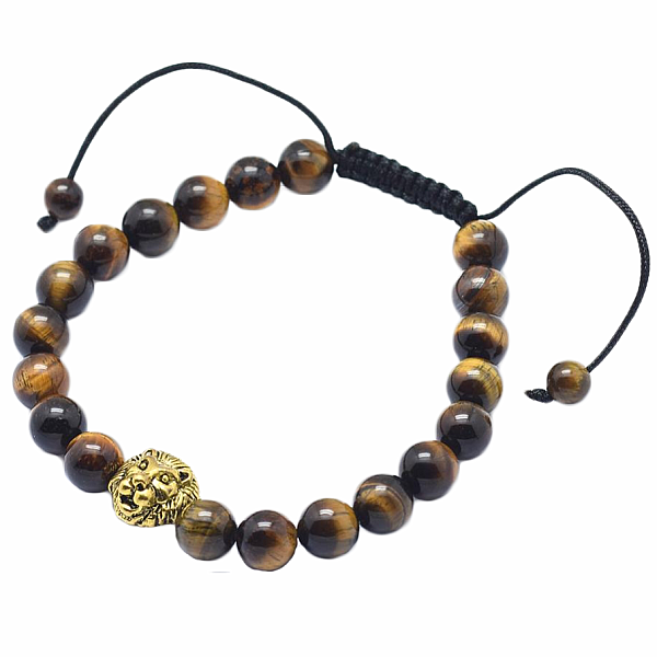 Tygří oko náramek korálkový s hlavou lva - obvod cca 16 až 21 cm