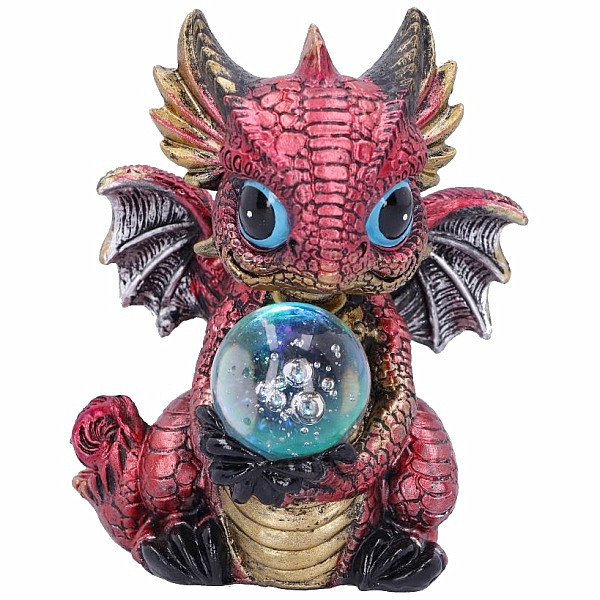 Soška svítící Červený dráček s věšteckou koulí - cca 12,7 cm, 220 g