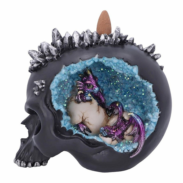 Stojánek svítící pro vonné kužely s tekoucím kouřem Dráčci v lebce - cca 14 cm, 580 g