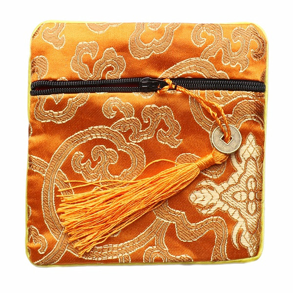 Levně Brokátový sáček oranžový se zipem a mincí pro štěstí 12x12 cm - cca 12 x 12 cm