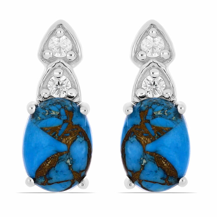 Náušnice stříbrné s kabošony egyptských tyrkysů a zirkony Ag 925 014442 ETQ - 1,5 cm, 3,3 g