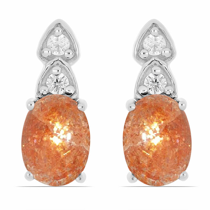 Náušnice stříbrné s kabošony slunečního kamene a zirkony Ag 925 014442 SUS - 1,5 cm, 3,3 g