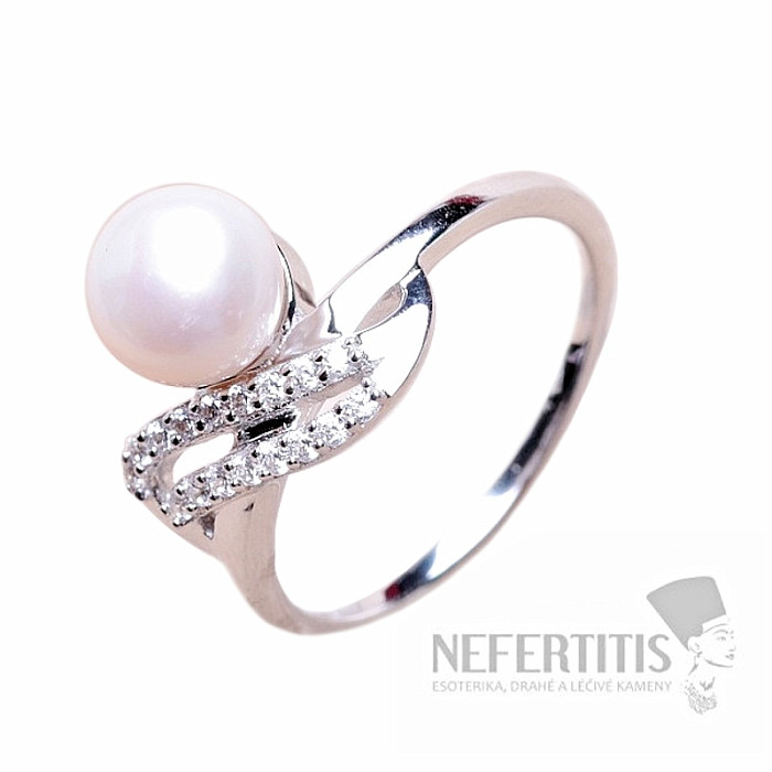 Prsten stříbrný s bílou perlou a zirkony Ag 925 017135 WP - 52 mm , 2,9 g